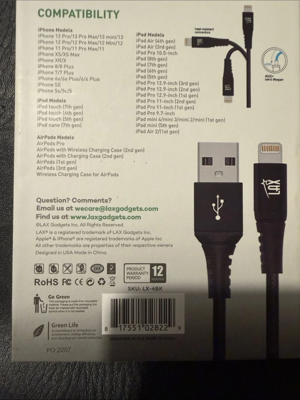 NWT Black Lightning Charging Cable - 4 ft, Apple Certified